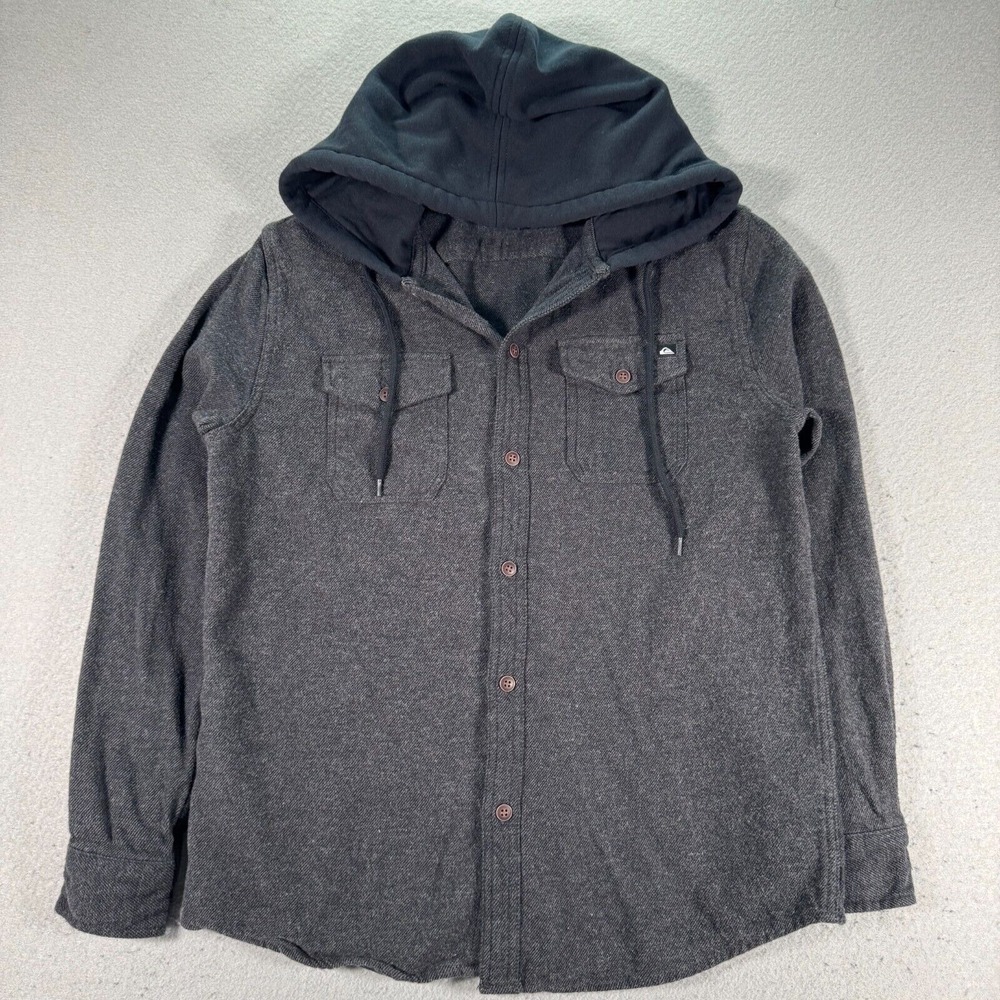 Quiksilver Hooded Flannel Shirt Mens Small Gray Flap‎ Pockets Surf Skate Comfort
